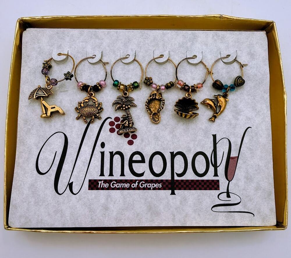 Wineopoly Beach Themed Wine Glass Charms Set of 6 NIB Coastal Drink Markers